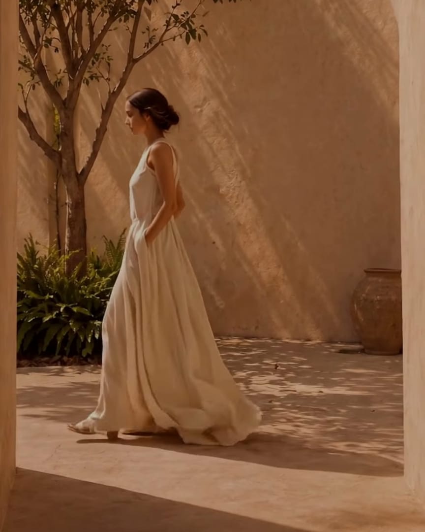 A woman in a long white dress walking through a sunlit courtyard past a slender tree