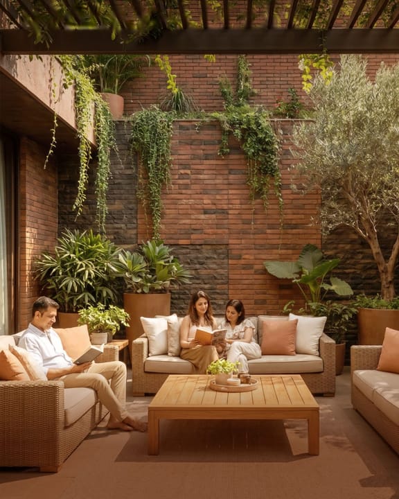 A family reading in a brick courtyard lounge under hanging greens