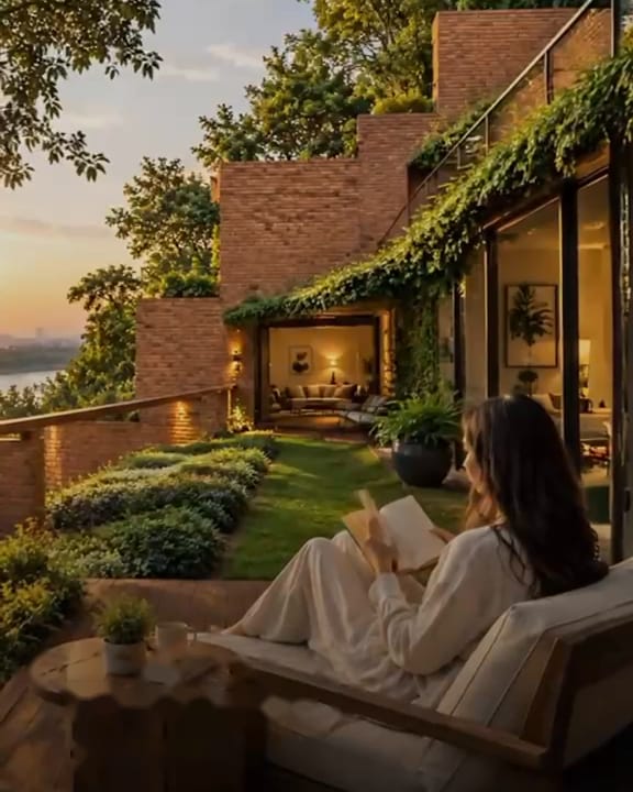 A terrace garden with a reading lounge at dusk