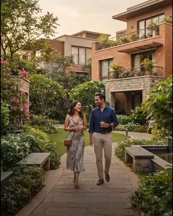 A couple on a garden walk between brick villas at golden hour