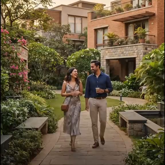 Brick villas and a garden walk at golden hour